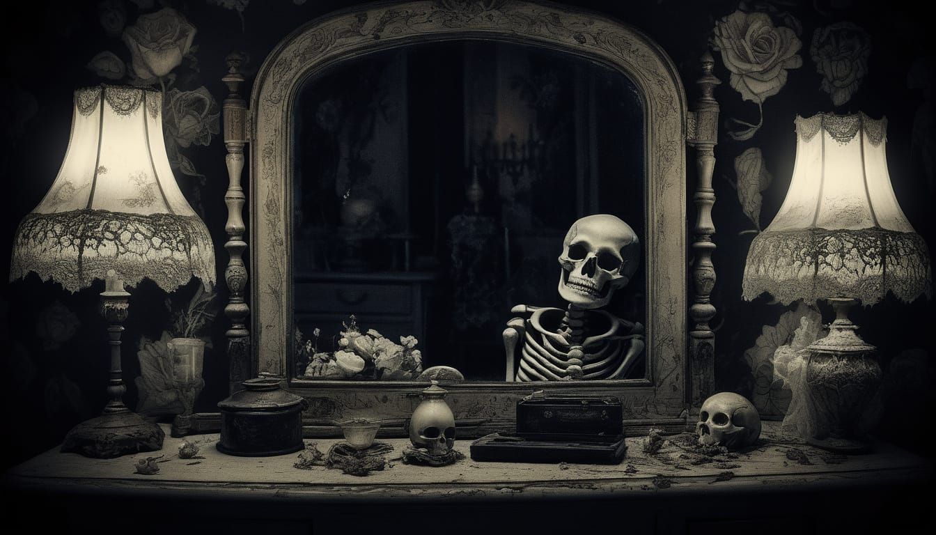 Gothic Woman With Sugar Skull Makeup in Dark Academia Style