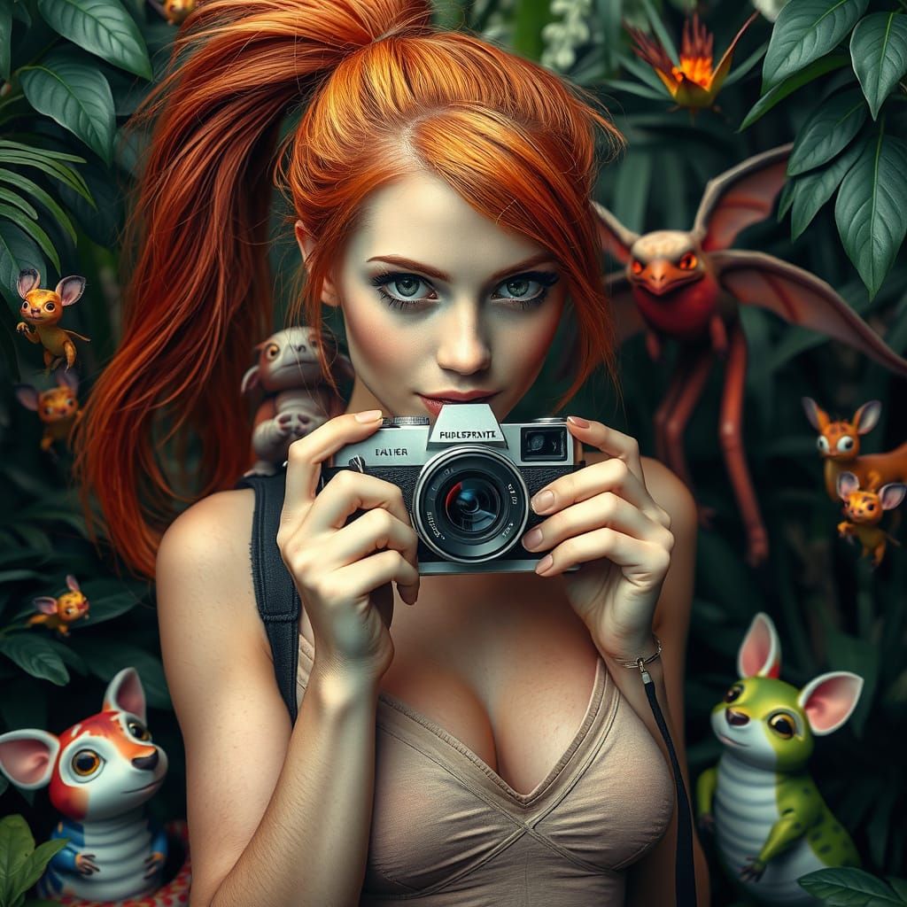 Hyperrealistic Ginger Woman in Jungle with Creatures