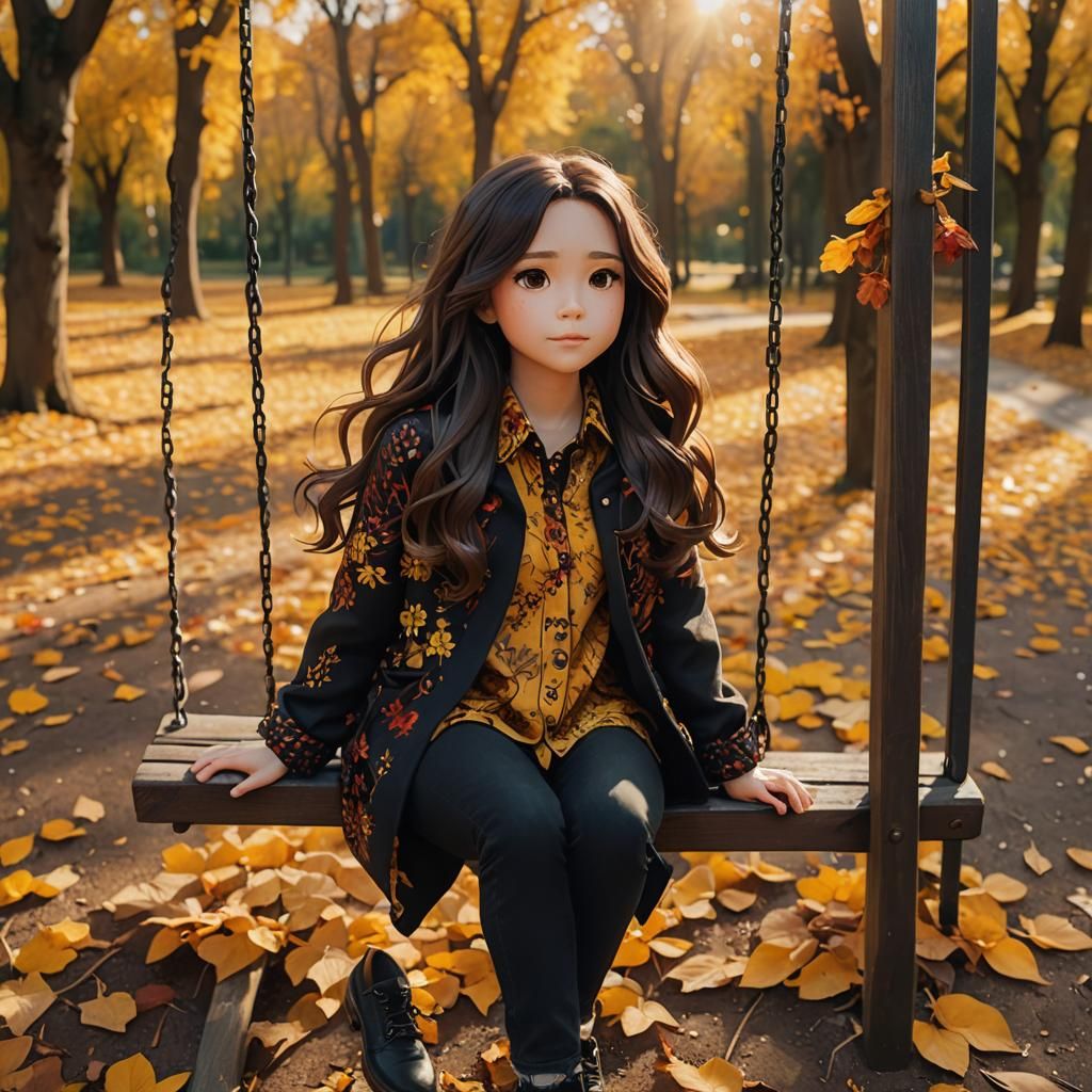 Charming Chibi Woman in Autumn Landscape