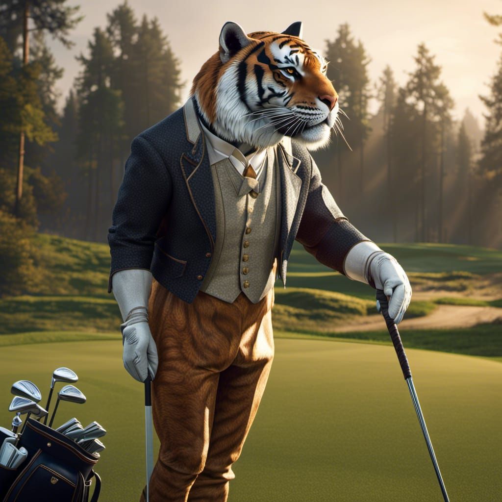 Siberian Tiger Golfer in Art Nouveau Style
