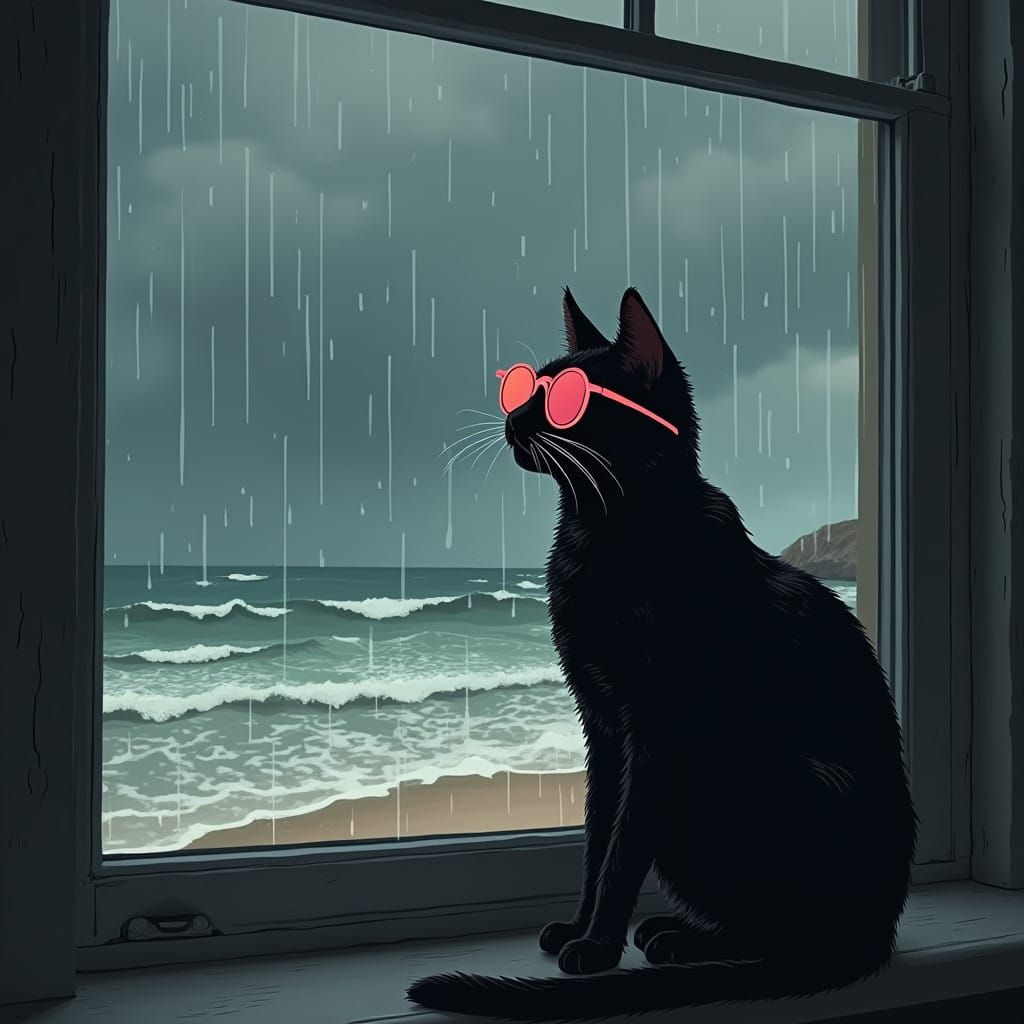 Mysterious Beach Cat in Moody Illustration Style