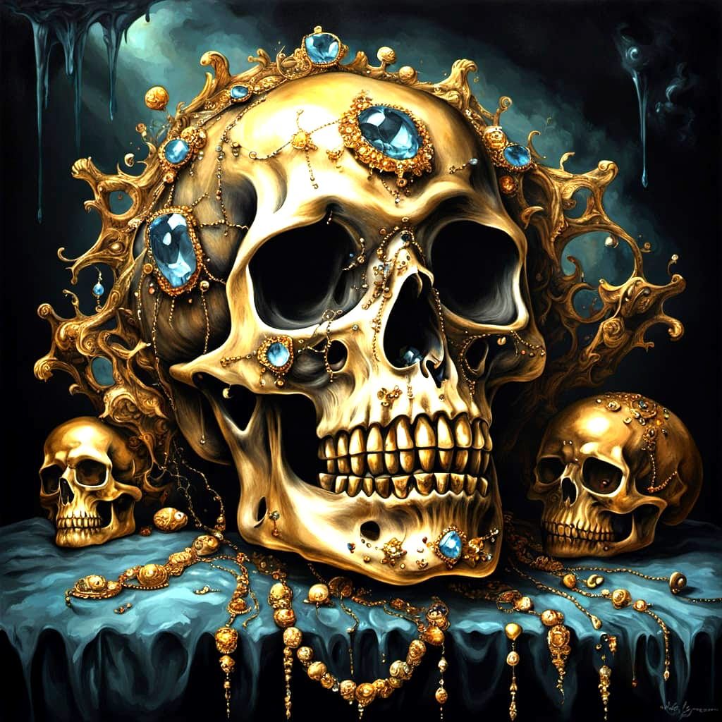 Skull luxury surrealism, macabre, horror art, dripping, deca...