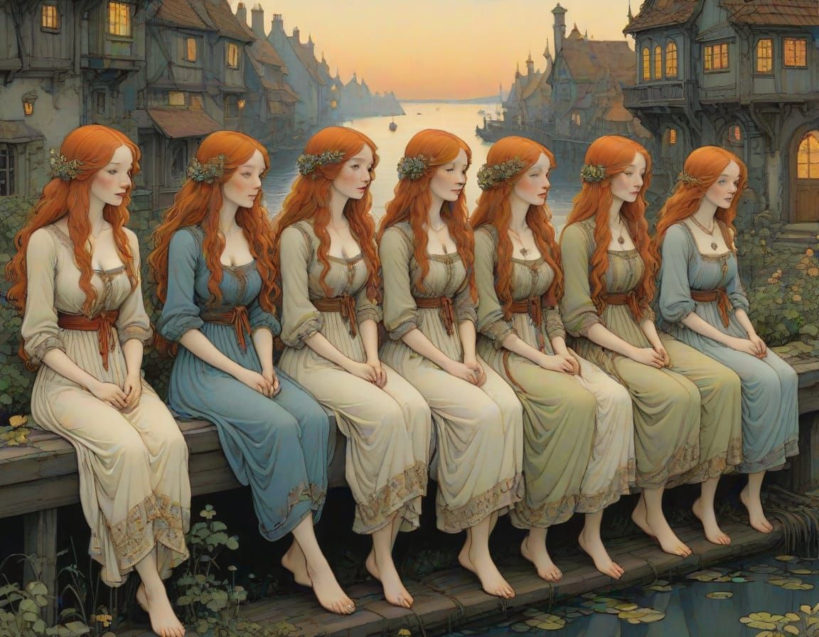 Cozy Row of Ginger Girls in Evening Light