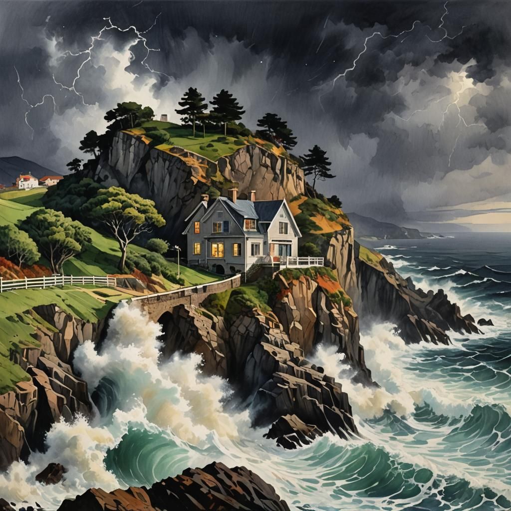 Storm Waves Crash House: Expressionist Watercolor Painting