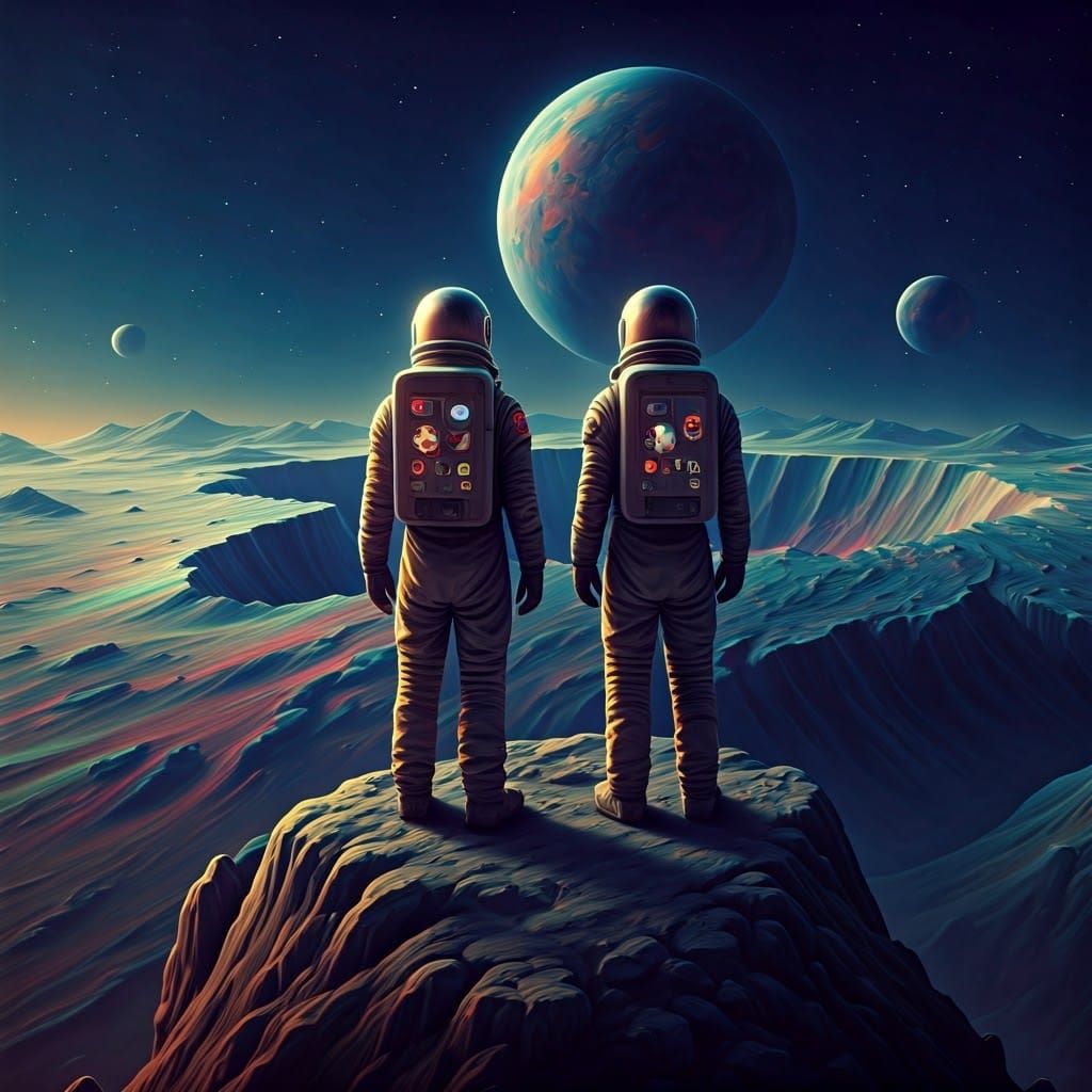 Astronauts on Moon in Dreamlike Sci-Fi Landscape