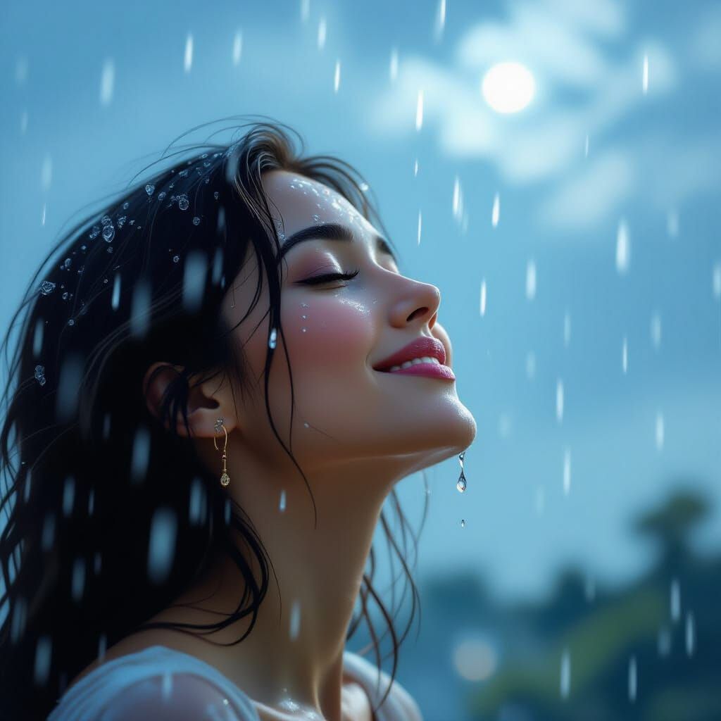 Woman Smiling as Rain Falls in Hyperrealistic Impasto Style
