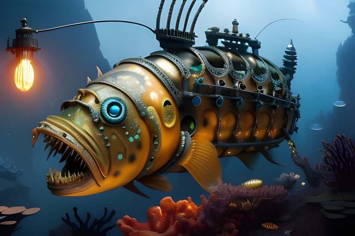 Steampunk Anglerfish Submarine in Eldritch Coral Reef