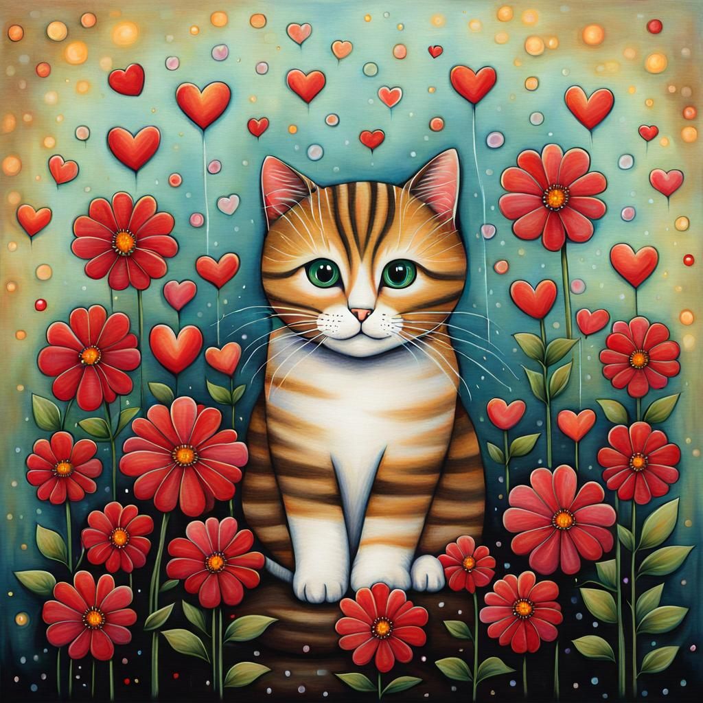 Cat with Flowers Painting in Vivid Illustrative Style