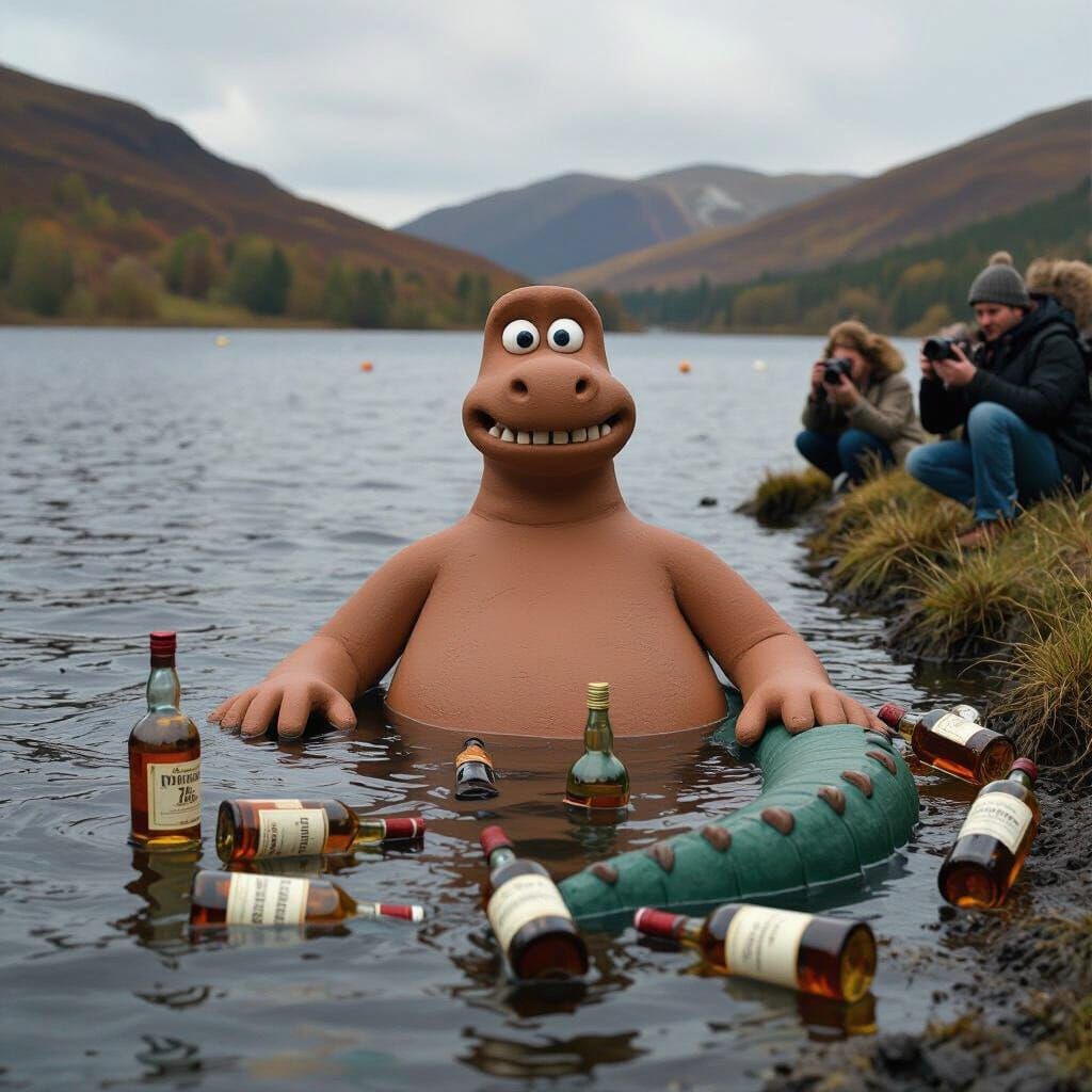 Drunk Clay Loch Ness Monster in Whimsical Style