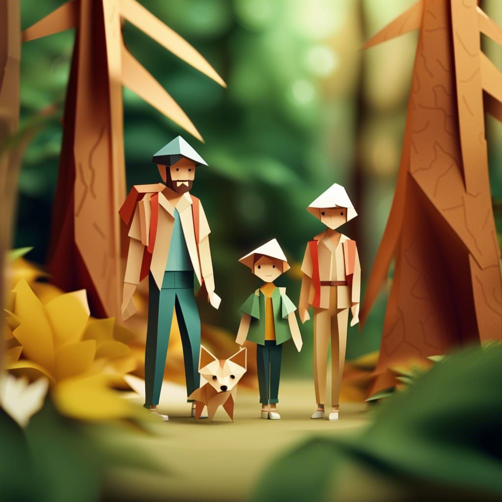 Family Hiking in Forest: Origami Papercraft Style