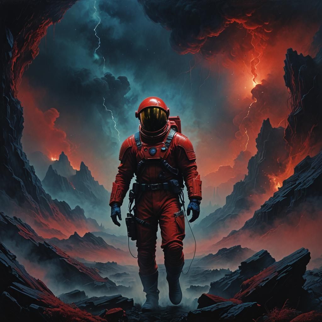 Black Space Ranger in Beksiński-Style Oil Painting