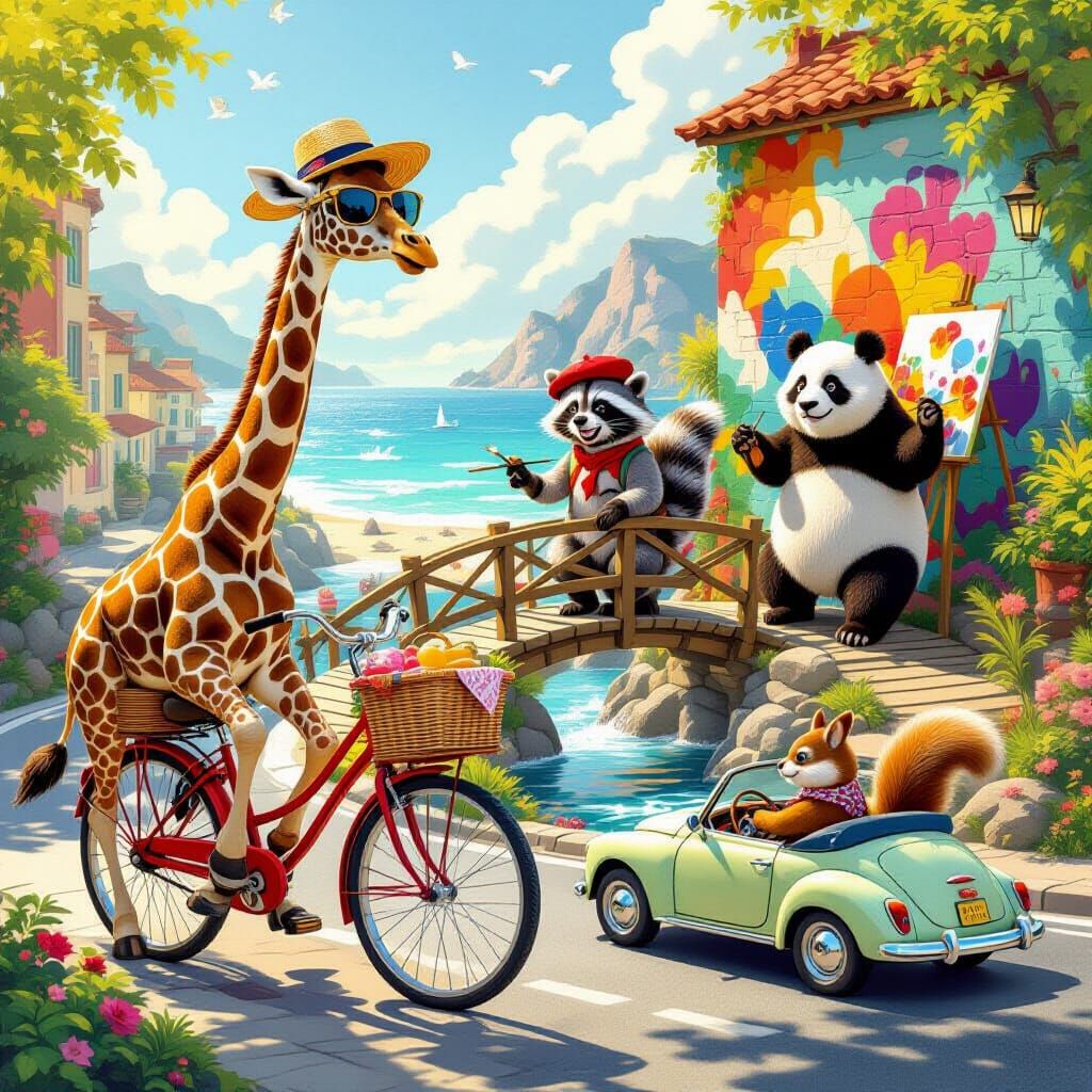 Anthropomorphic Animals on Vacation in Cartoon Style