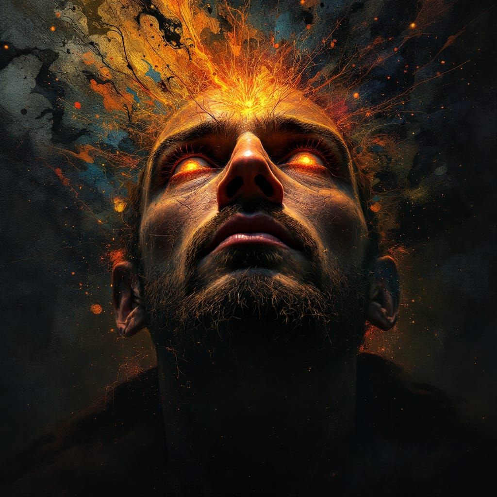 Emotional Man's Face in Fantasy Landscape