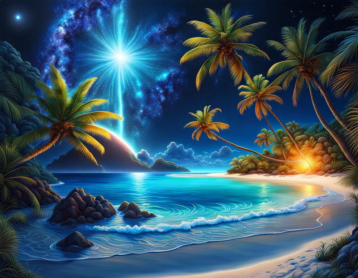 Tropical Island Oasis Under Starburst Sky