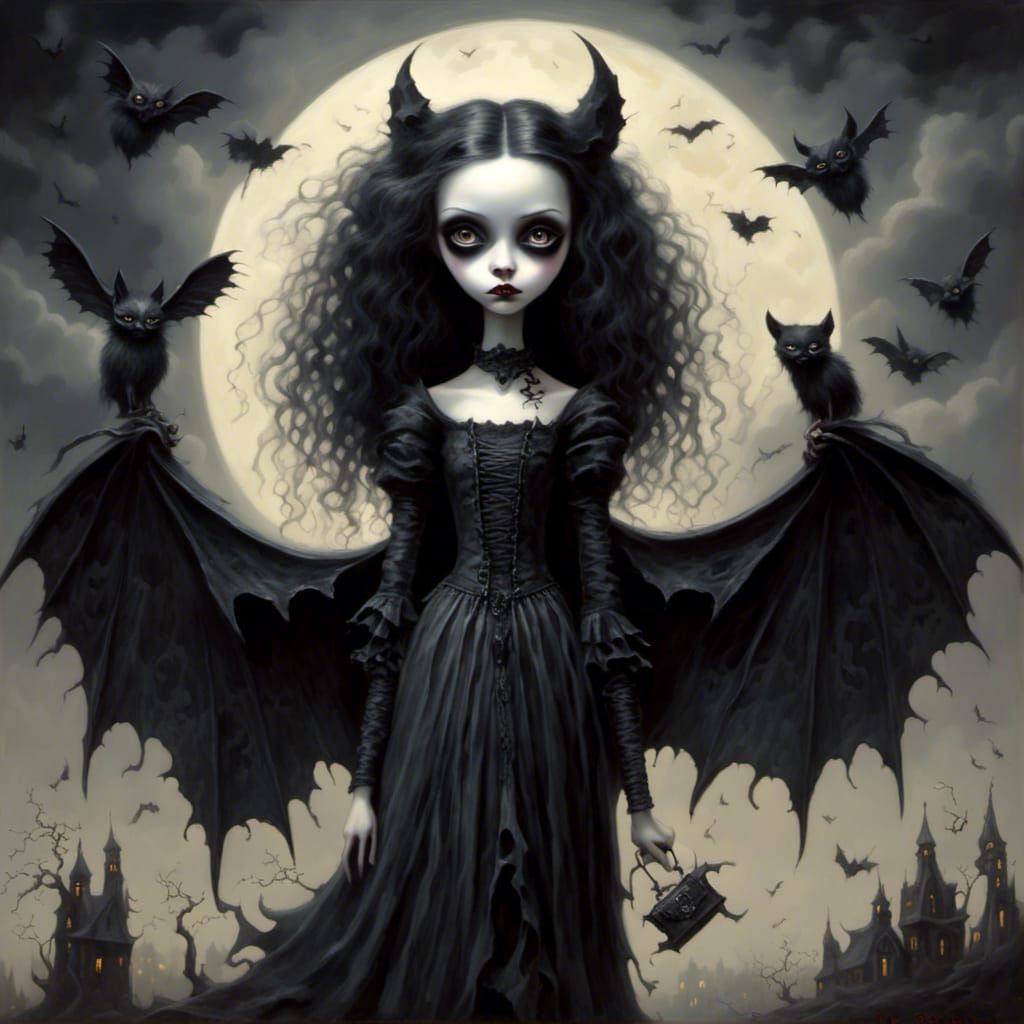 Gothic Bat-Winged Girl in Tim Burton Style