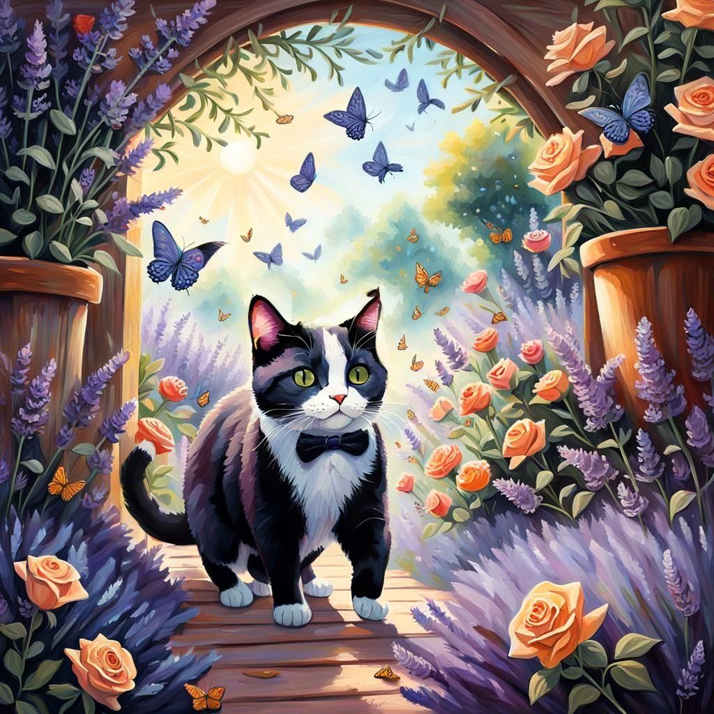 Tuxedo Cat's Joyful Butterfly Chase: Fantasy Concept Art