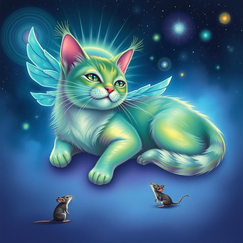 Green Angel Cat in Cosmic Dreamscape