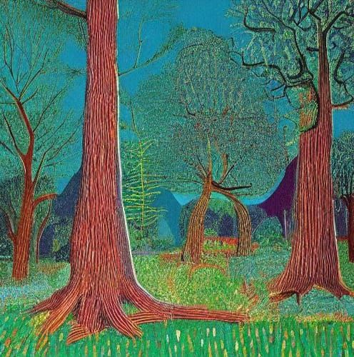 Hockney-Inspired Landscape Painting with Fragmented Trees