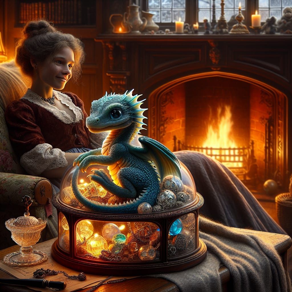 Miniature Dragon in English Living Room, Tonalist Style