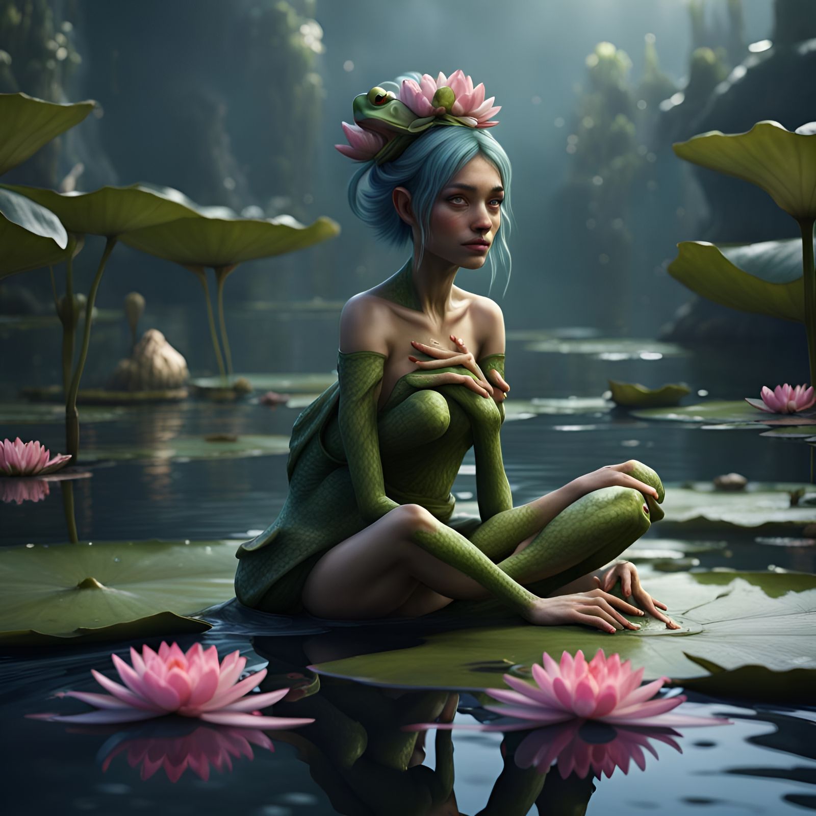 Frog Girl on Lily Pad in Fantasy Art Style