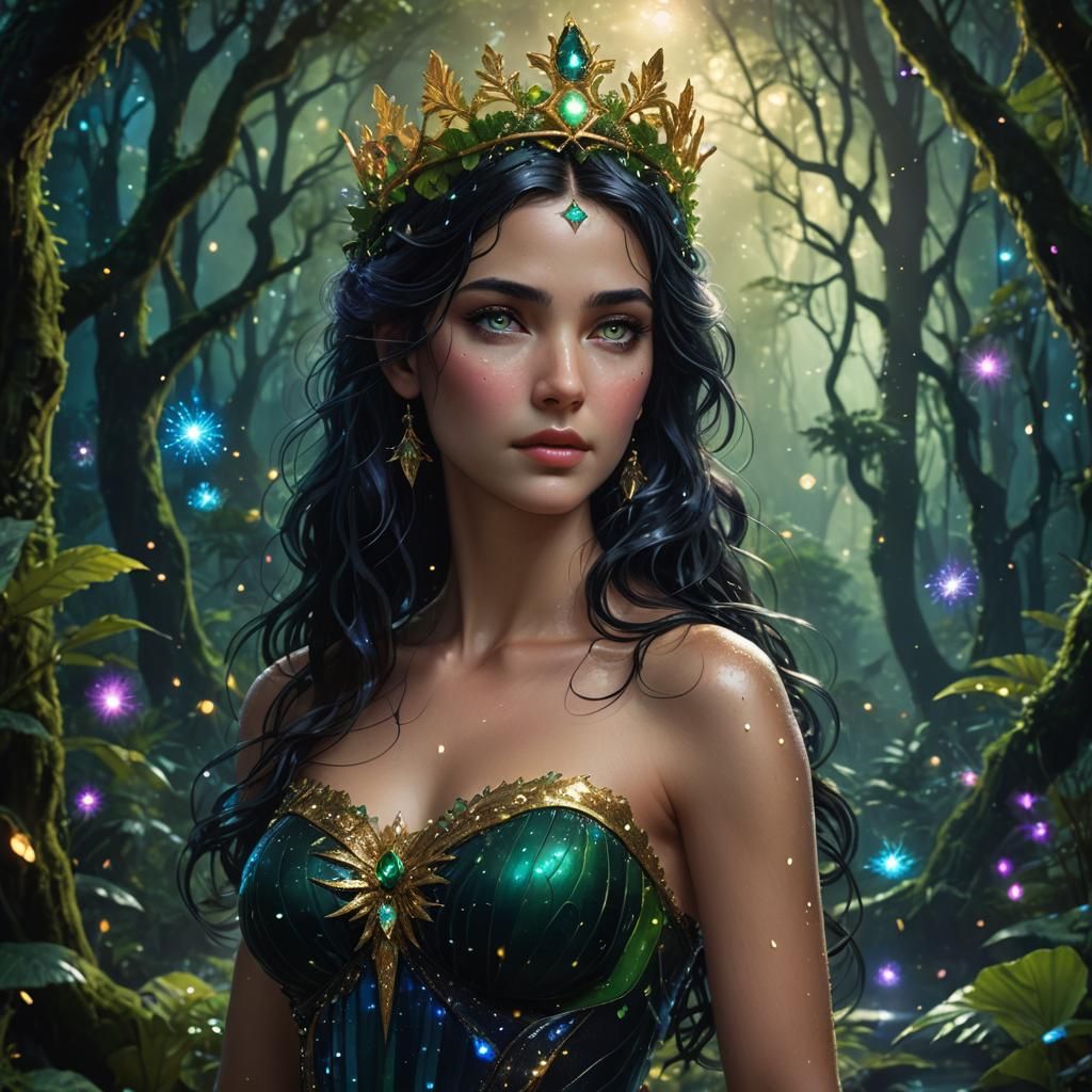 Aphrodite in Starry Rainforest: Fantasy Concept Art