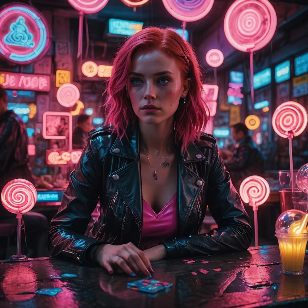 Cyberpunk Girl in Lollipop Shop, Neon Portrait