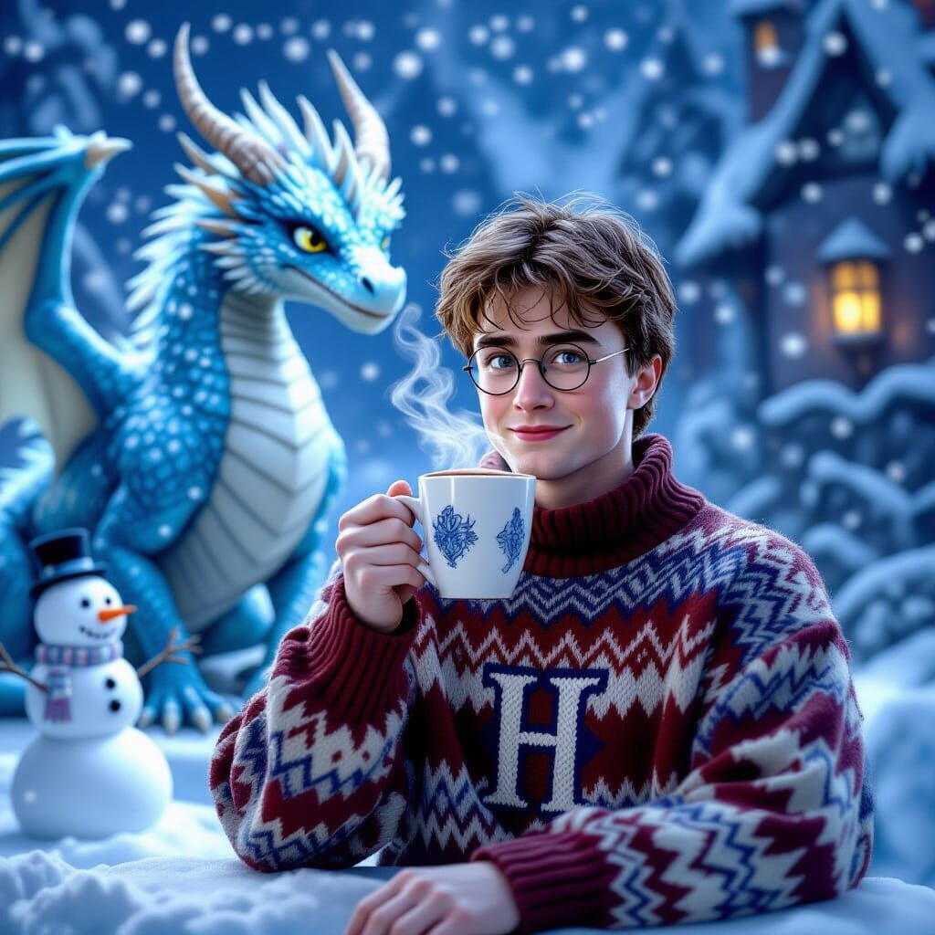 Harry Potter with Ice Dragon and Snowman