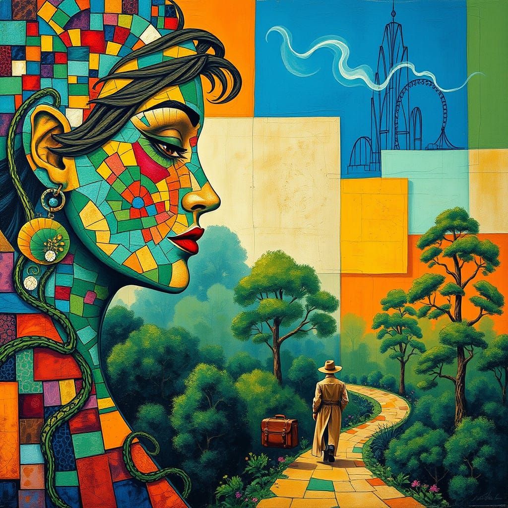 Surreal Mosaic Portrait in Emerald Forest Landscape