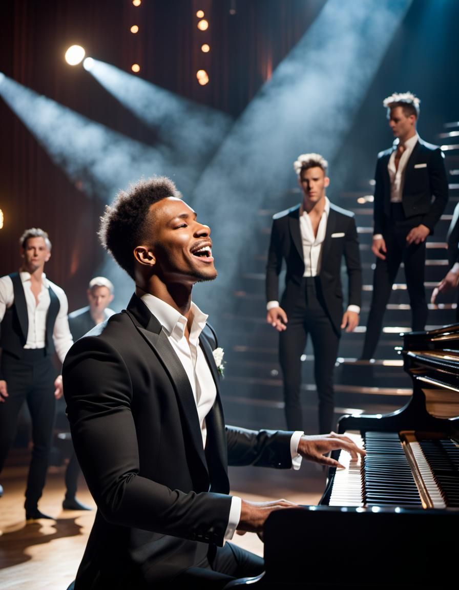 Young Singer Performing on Stage with Dancers