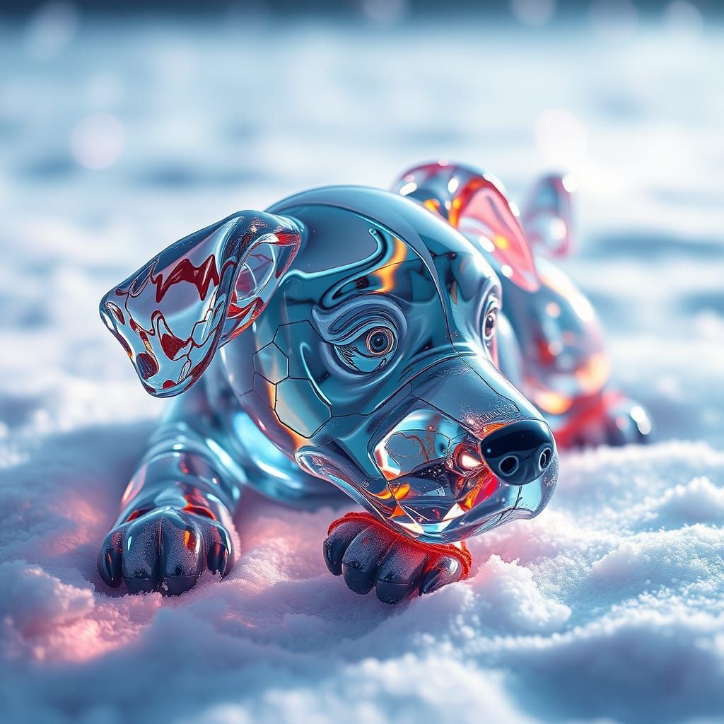 Hyperrealistic Glass Dog in Snow, Splash Art