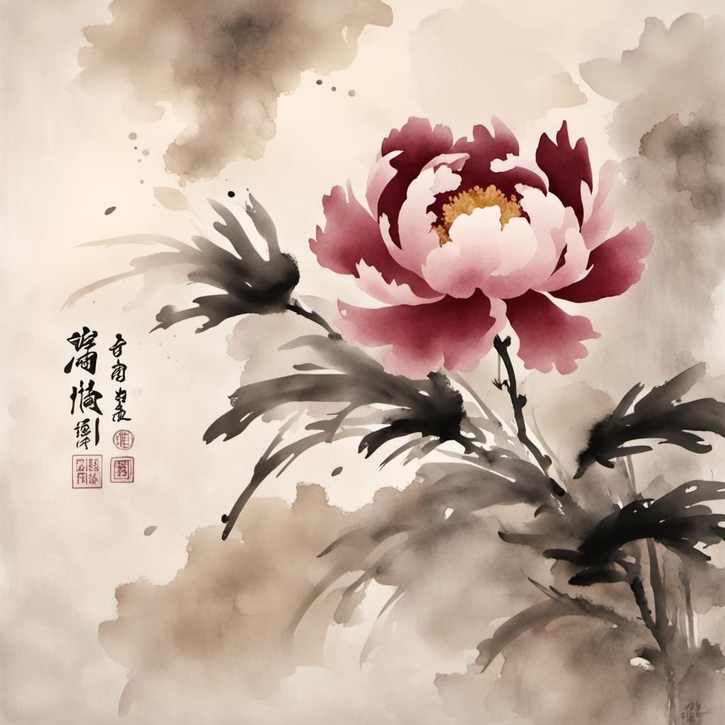 Peony in Muted Chinese Ink Painting Style