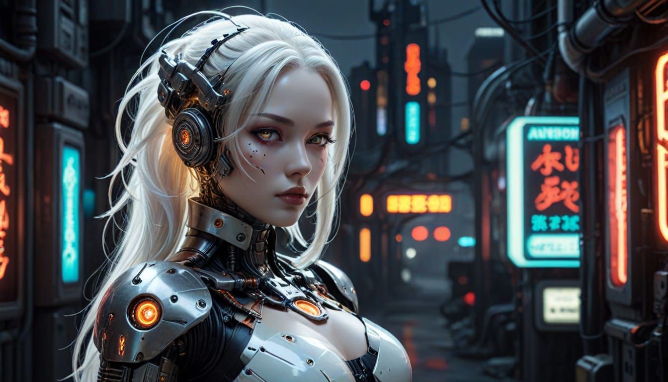 Cyberpunk Gynoid Pinup: Hyper-Realistic Sci-Fi Art