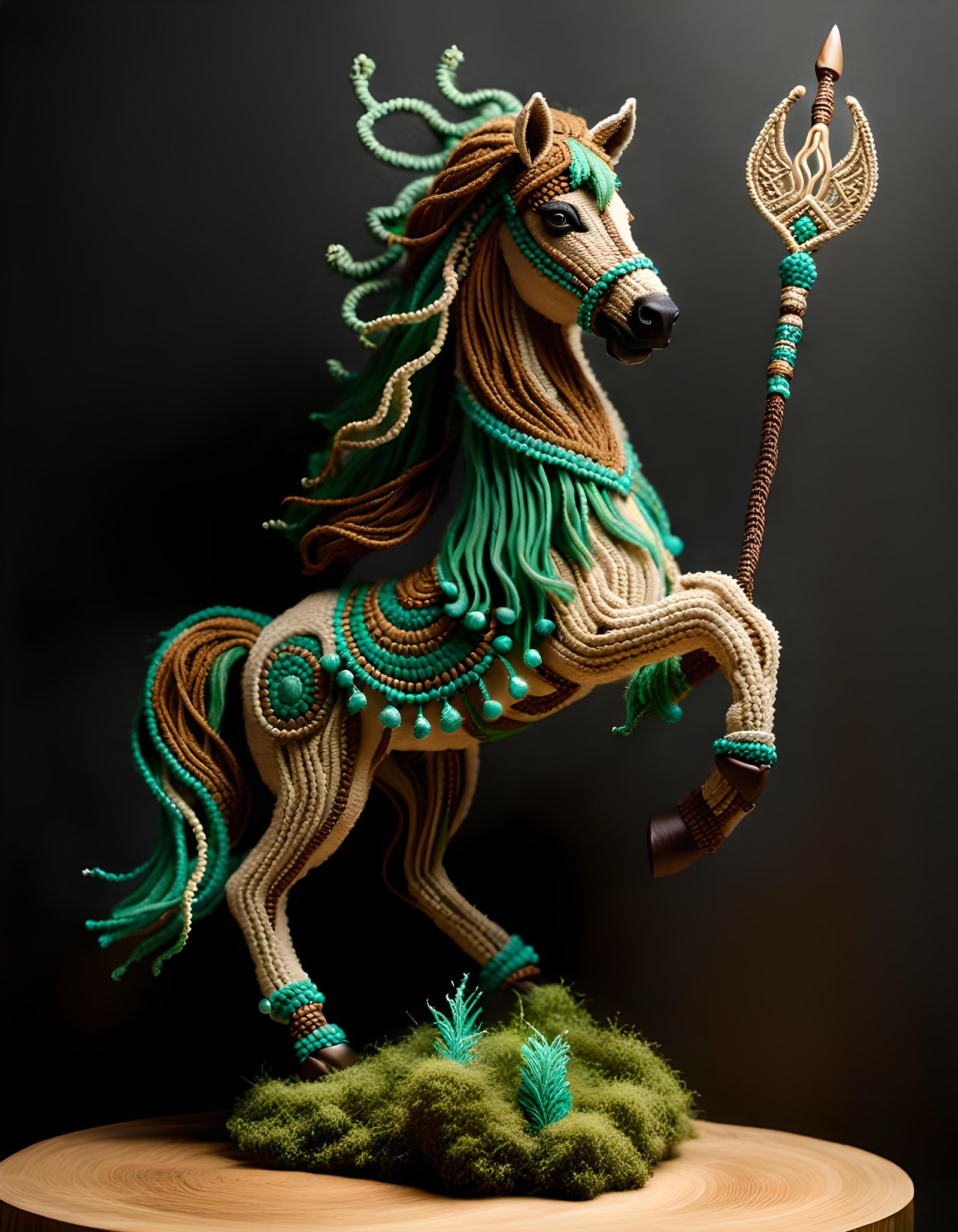 Ukrainian beadwork styled macrame horse with trident