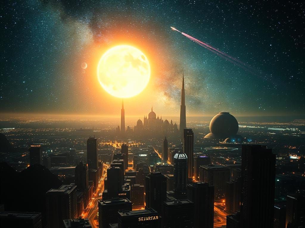 Epic Space City with Earth and Planets