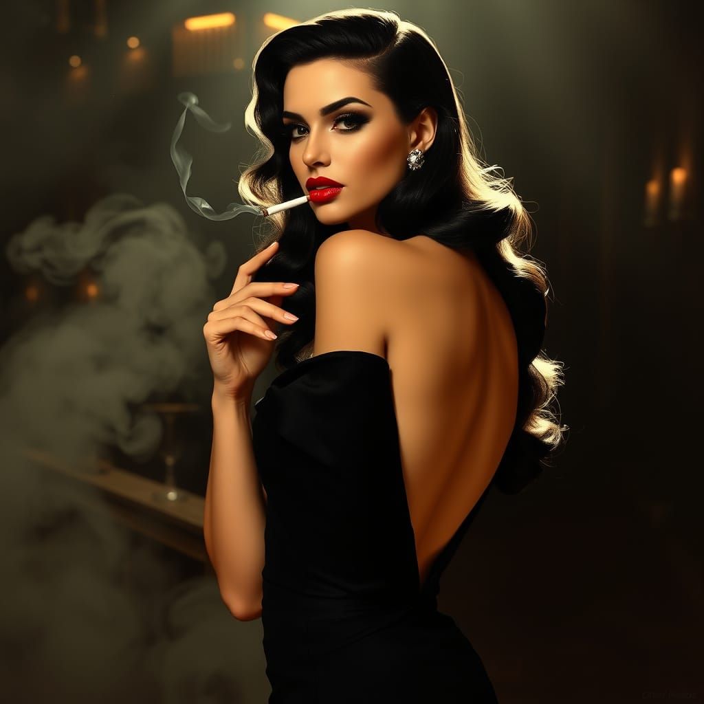 Elegant Woman Exudes Sophistication in a 1940s Film Noir-Ins...