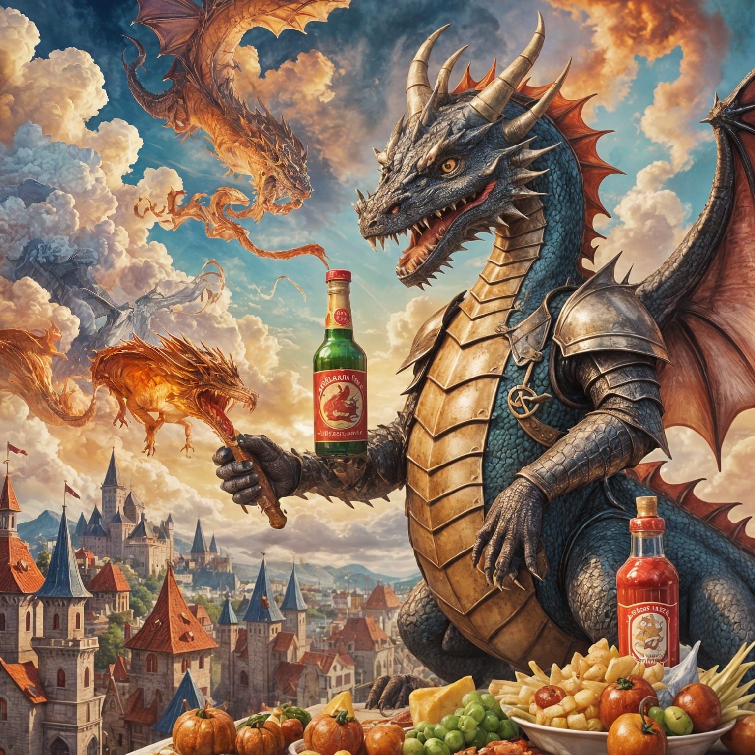 Humorous Dragon with Ketchup and Knight