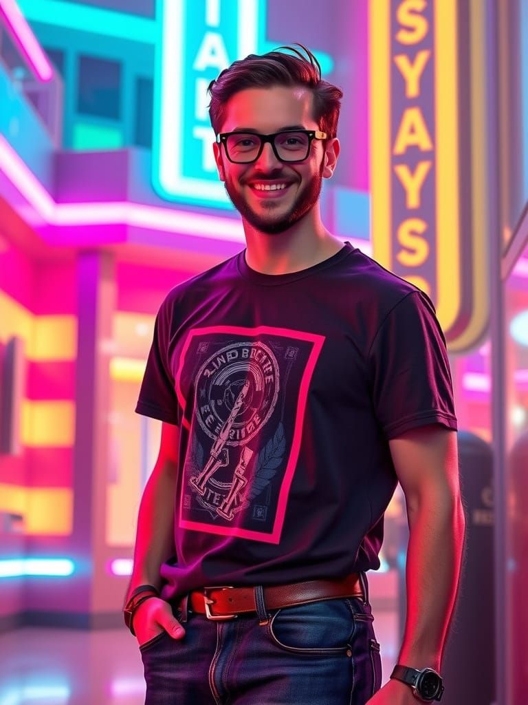 Synthwave Portrait of a Man with Retro Neon Backdrop