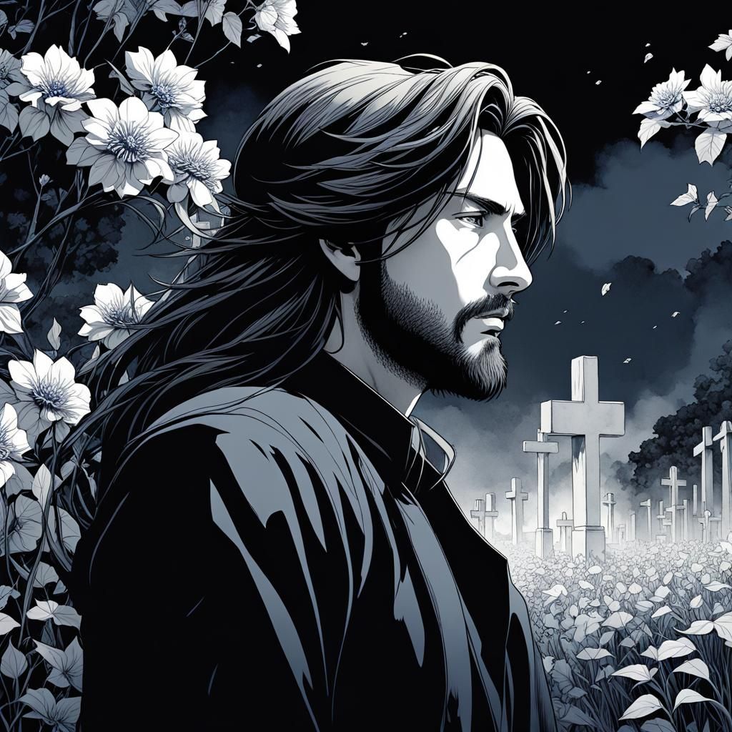 Man with Flowers in Hair: Watercolor Art