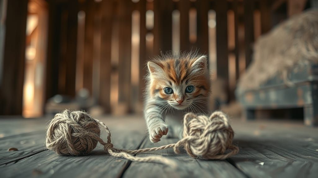 Kitten Pouncing in Rustic Barn, Professional Photography