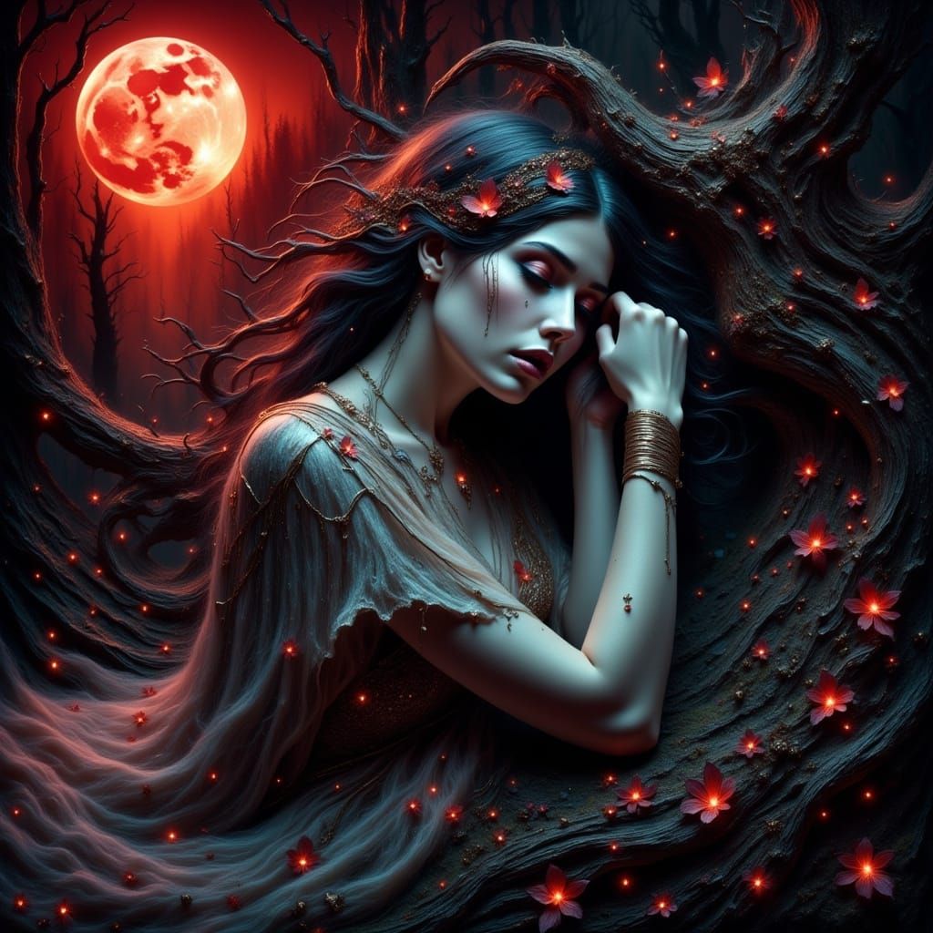 Vampire Woman Under Red Moon With Teardrop