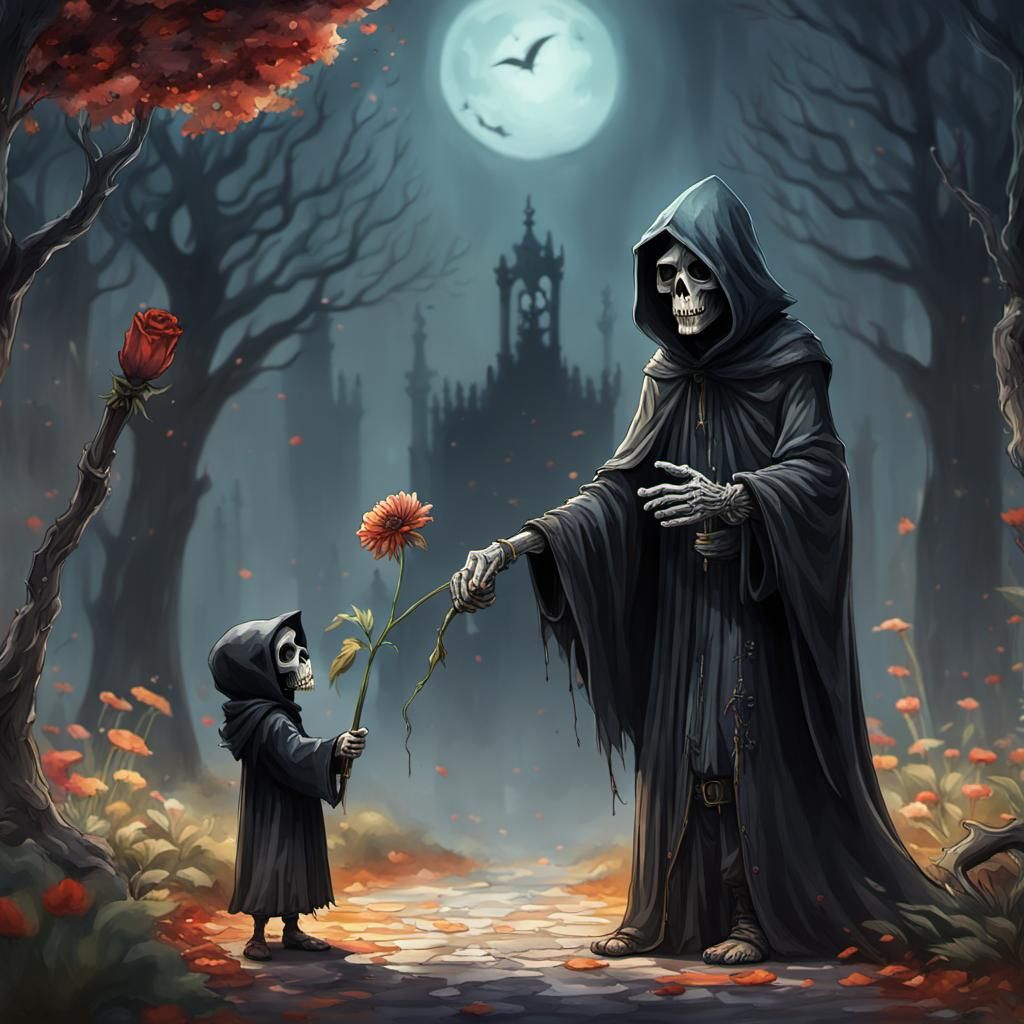 Child Grim Reaper Offering Flower, Watercolor Art