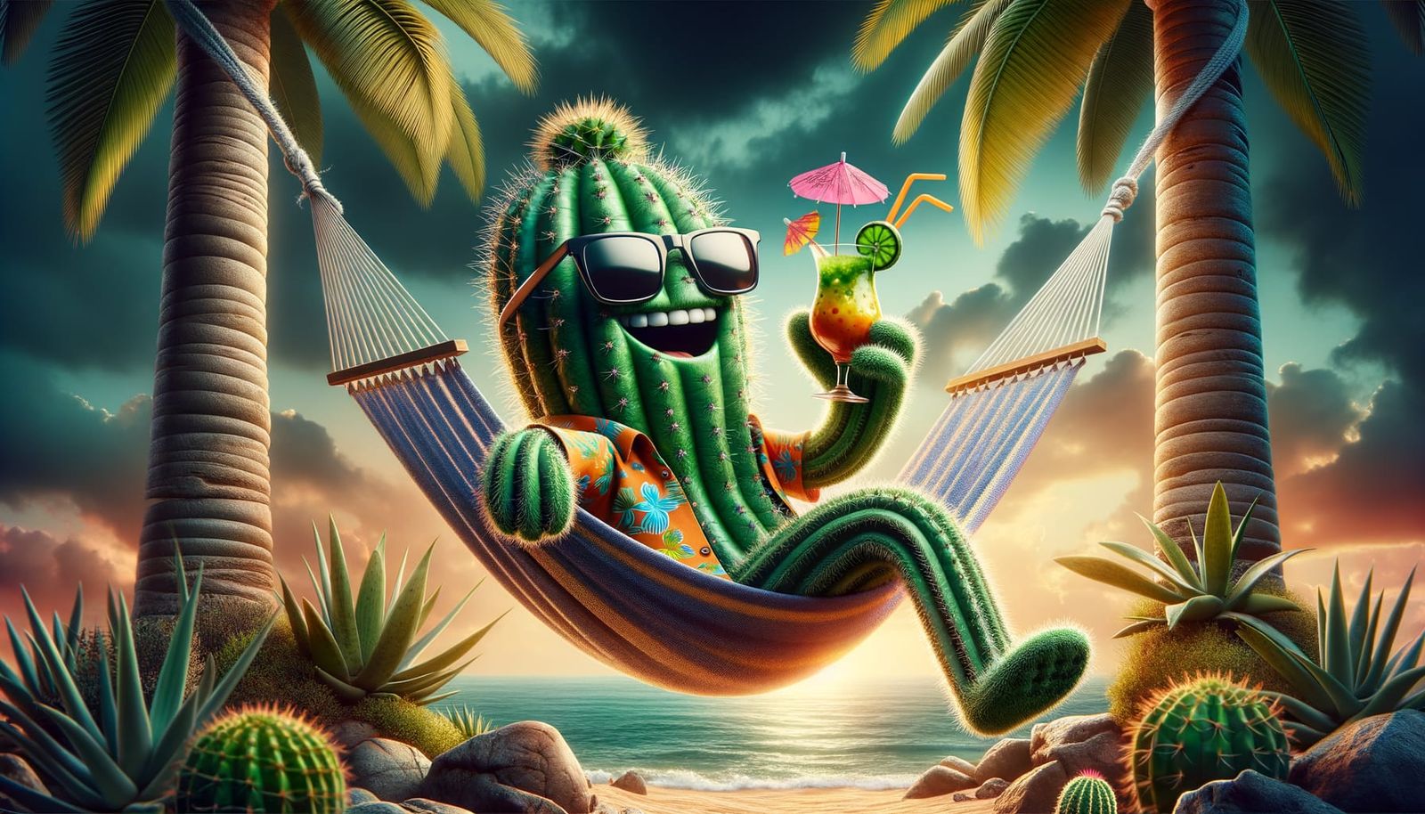 Anthropomorphic Cactus Enjoys Tropical Island Getaway in Hyp...