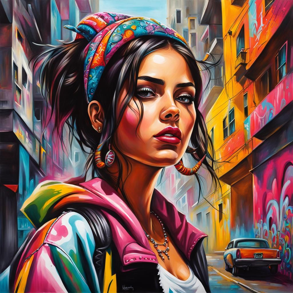 Mexican Girl in City Graffiti Art