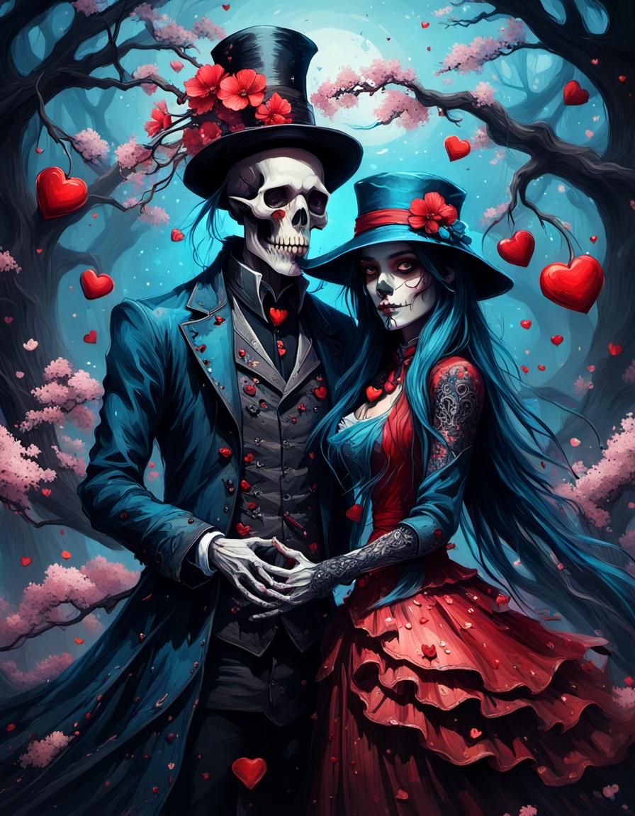 Valentine Skull Couple with Cherry Blossoms