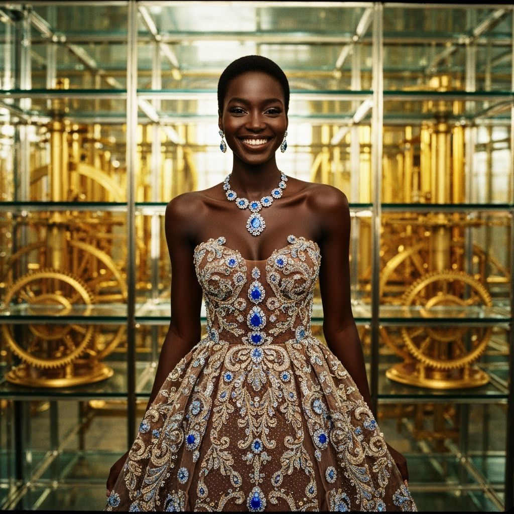 Elegant Woman in Gown with Golden Mechanisms