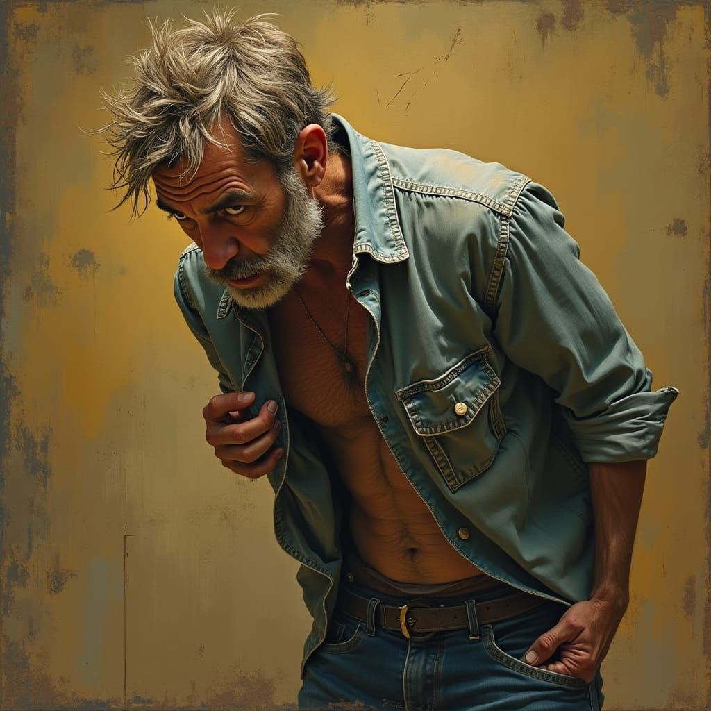 Worn Man Scratching Back in Impressionist Style