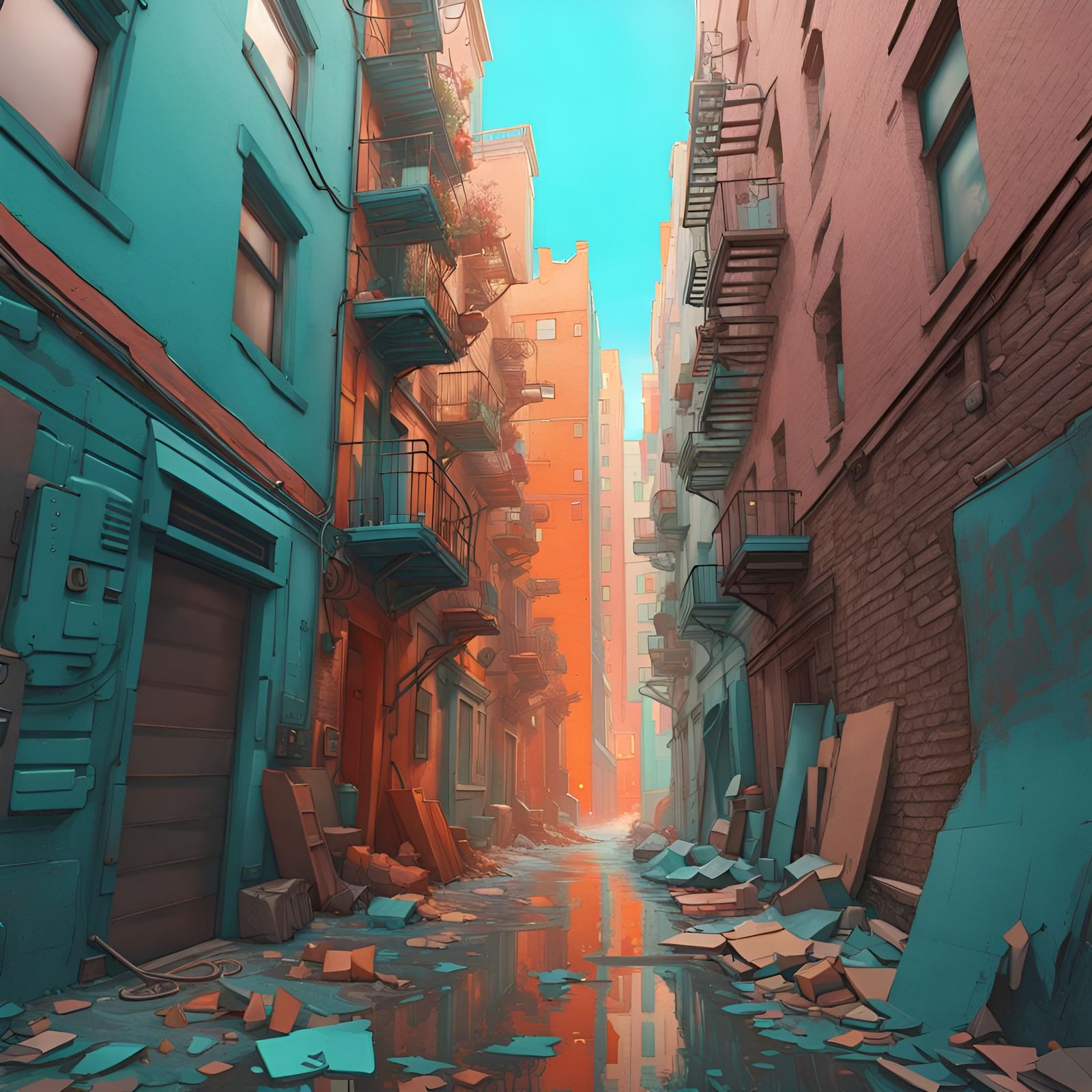Hyperdetailed Metropolis Alley in Pastel Hues