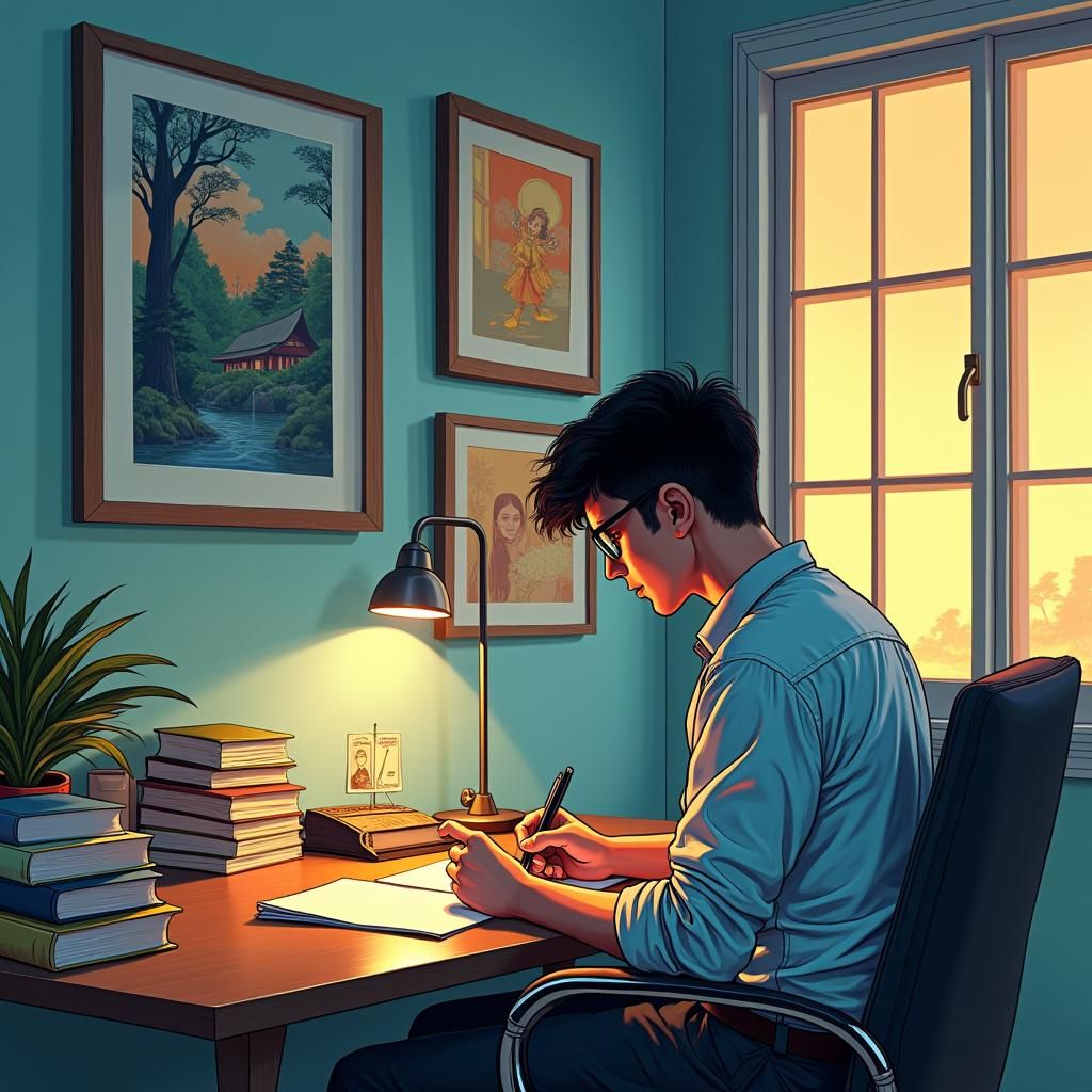 Writer in Minimalist Office with Manga Style Artwork