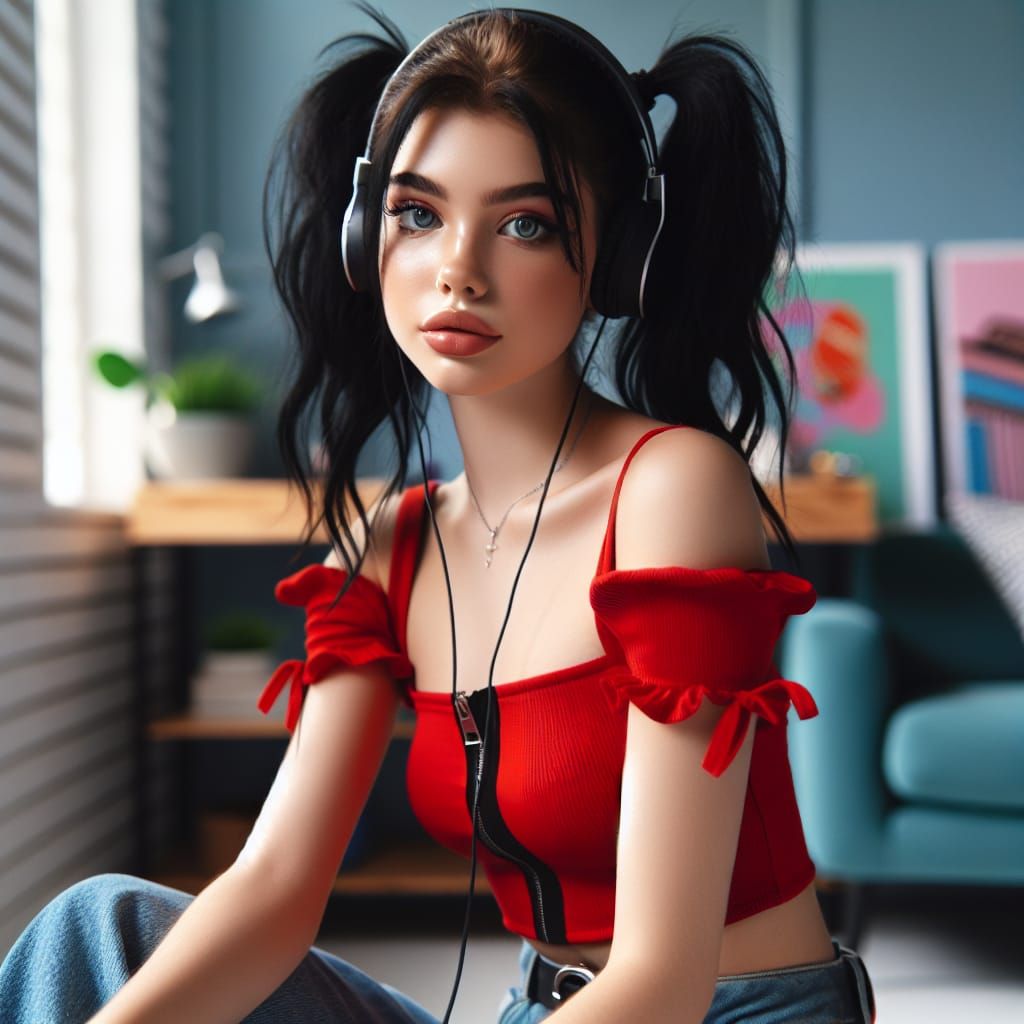 Teenage Girl Listening to Music in Her Room