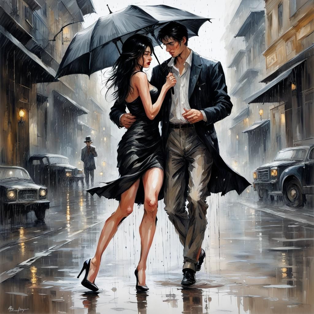 Couple in Rainy Ink Art Style